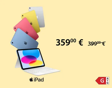 Apple iPad planšetdatoru reklāma ar vairākiem iPad modeļiem dažādās krāsās — zilā, rozā, dzeltenā un sudrabotā — attēloti no aizmugures, bet priekšplānā iPad ar ieslēgtu ekrānu un pievienotu tastatūras vāciņu; labajā pusē akcijas cena 359,00 €.