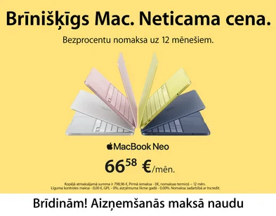 Apple MacBook Neo portatīvie datori sudrabainā, rozā, dzeltenā un tumši zilā krāsā uz gaiši dzeltena fona. Bezprocentu nomaksa uz 12 mēnešiem — 66,58 € mēnesī. Brīdinām! Aizņemšanās maksā naudu.