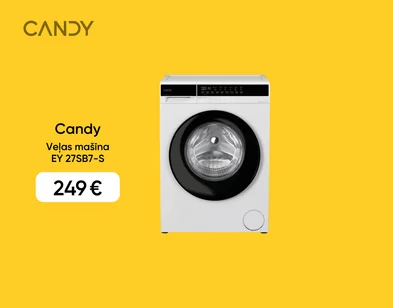 Attēls ar atvērtu Candy CNCQ2T618EX ledusskapi, kurā iekšā ir pārtikas produkti. Akcijas cena 409 eur. Attēla fons dzeltenā krāsā.