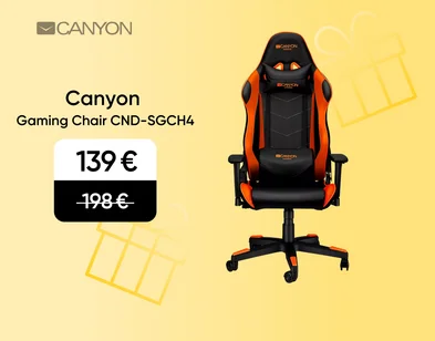 Melnas un oranžas krāsas Canyon Gaming Chiar CND-SGCH4. Akcijas cena 139 eur, svītrotā cena 198 eur.