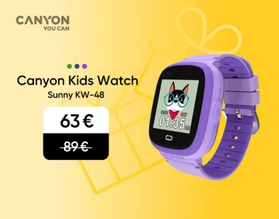 Lillā krāsa Cnayon Kids Watch Sunnu KW-48 viedpulkstenis. Akcijas cena 63 eur, svītrotā cena 89 eur.