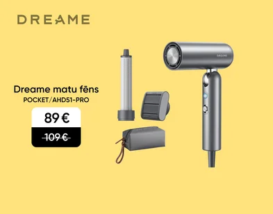 Pelēks Dreame matu fēns Pocket/AHD51-PRO ar piederumiem - matu taisnošana uzgalis, veidošanas uzgalis un uzglabāšanas soma. Akcijas cena 89€, svītrotā cena 109€. Fons dzeltens ar grafiskām sirsniņām.