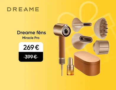 Zelta krāsas Dream Miracle Pro matu fēns ar četrim uzgaļiem un somiņu uzglabāšanai. Akcijas cena 269 eur, svītrotā cena 399 eur.