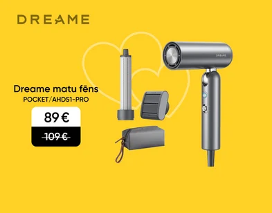 Pelēks Dreame matu fēns Pocket/AHD51-PRO ar piederumiem - matu taisnošana uzgalis, veidošanas uzgalis un uzglabāšanas soma. Akcijas cena 89€, svītrotā cena 109€. Fons dzeltens ar grafiskām sirsniņām.