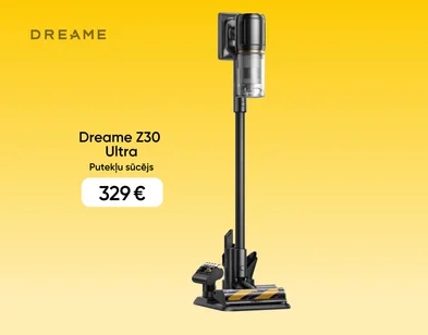 Dreame Z30 Ultra putekļu sūcējs par 329 € uz dzeltena fona, kas pakāpeniski pāriet gaiši krēmīgā tonī.
