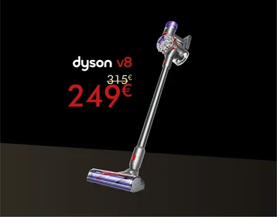 Pelēks Dyson v8 putekļu sūcēs-slota. Akcijas cena 249 eur, svītrotā cena 315 eur. Fons pelēkā krāsā.