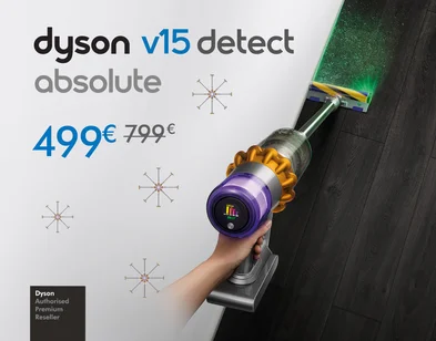 Pelēks Dyson v8 putekļu sūcēs-slota. Akcijas cena 249 eur, svītrotā cena 315 eur. Fons pelēkā krāsā.