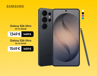 Samsung Galaxy S26 Ultra divās atmiņas ietilpībās — 256 GB un 512 GB — ar norādītajām akcijas cenām 1349 € un 1549 €; attēlu papildina telefona irbulis un dzeltens fons.