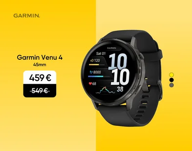 Melns Garmin Venu 4 45 mm viedpulkstenis ar melnu siksniņu — 459 € iepriekšējo 549 € vietā.