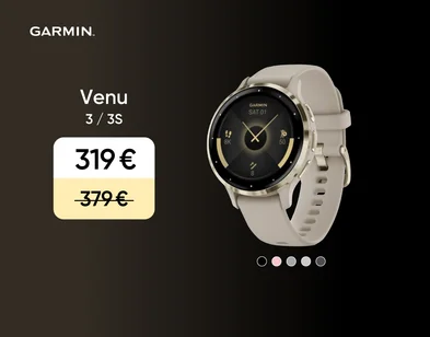 Bēšas krāsas Garmin Venu 3/3S viedpulkstenis. Cena 319 eur, svītrotā cena 379 eur. Fons melns, zem pulksteņa ir pieci dažādu krāsu aplīši.