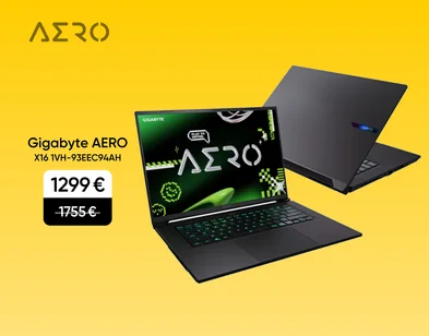 Melns Gigabyte AERO X16 portatīvais dators, skatīts no priekšpuses un aizmugures, uz dzeltena fona. Akcijas cena 1299 €, iepriekš 1755 €.