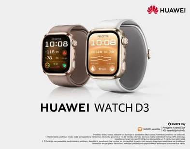 Huawei Watch D3 viedpulksteņi ar brūnu un baltu siksniņu uz gaiši pelēka fona. Pērkot no 12.10., dāvanā Huawei Scale 3 svari.