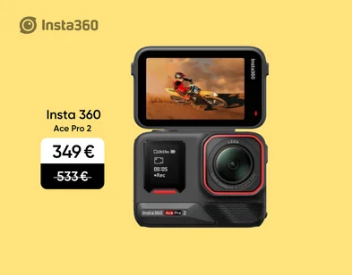 Insta360 Ace Pro 2 sporta kamera ar atlokāmu ekrānu, kurā redzams motociklista brauciens. Akcijas cena 349€ samazinātu no 533€. Reklāmas fons dzeltenā krāsā.