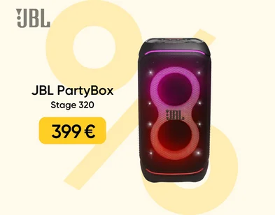 Melna JBL Partybox Stage 320 bezvadu skaļrunis ar rozā gaismām. Akcijas cena 399 eur. Fons gaiši dzeltens ar tumšāk dzeltenu % zīmi.