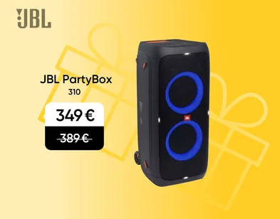 Melna JBL Partybox 310 bezvadu skaļrunis ar zilām gaismām. Akcijas cena 349 eur, svītrotā cena 389 eur.