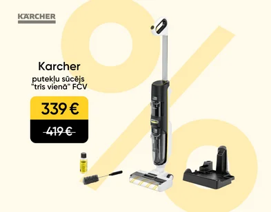 Balts Karcher putekļu sūcējs/slota "trīs vienā" FCV ar aksesuāriem. Akcijas cena 339 eur, svītrotā cena 419 eur. Fons gaiši dzeltenes ar tumšāk dzeltenu % zīmi.