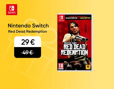 Nintendo Switch Red Dead Redemption spēle. Akcijas cena 29 eur, svītrotā cena 49 eur. Labajā pusē spēles kastītes vāks, kurā attēlots vīrietis ar ieroci rokās. Fons melns.