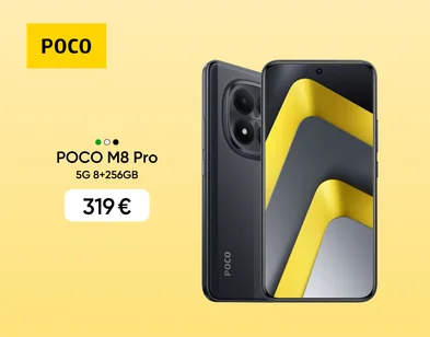POCO X8 Pro sērijas reklāma ar diviem mobilajiem telefoniem melnā un baltā krāsā uz dinamiska, kustības gaismu fona; labajā pusē teksts "Nākamās paaudzes veiktspējas flagmanis" un norādīta cena no 339 € modelim X8 Pro.