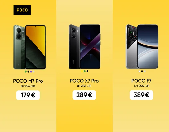 Trīs mobilie telefoni - Poco M7 Pro 8+256 GB 179 eur, Poco X7 Pro 8+256 GB 289 eur, Poco F7 12+256 GB 289 eur