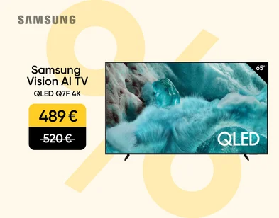 Samsung Vision AI TV QLED Q7F 4K, akcijas cena 379 eur, svītrotā cena 459 eur. Labajā pusē 55" televizros, kura ekrāna ir attēls ar 4 cilvēku ģimeni sniegotā meža ainavā. Fons dzeltens.