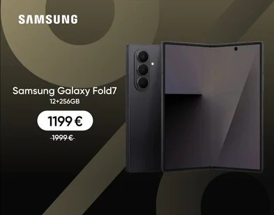 Samsung Galaxy Fold7 salokāmais viedtālrunis ar 256 GB atmiņu par 1199 € uz melna fona ar tumši zeltainu procentu zīmi.