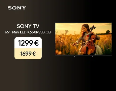 Sony televizors 65" Mini Led K65XR55B.CEI, ekrānā attēls ar sievieti pļavā, kas spēlē čellu. Akcijas cena 1299 eur, svītrotā cena 1699 eur. Fons melnā krāsā.
