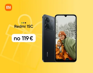 Divi melni Redmi 15C mobilie telefoni, viens no priekšpuses ar zilas krāsas vizualizāciju uz ekrāna, otrs no aizmugures, parādot kameras. No 119 eur.