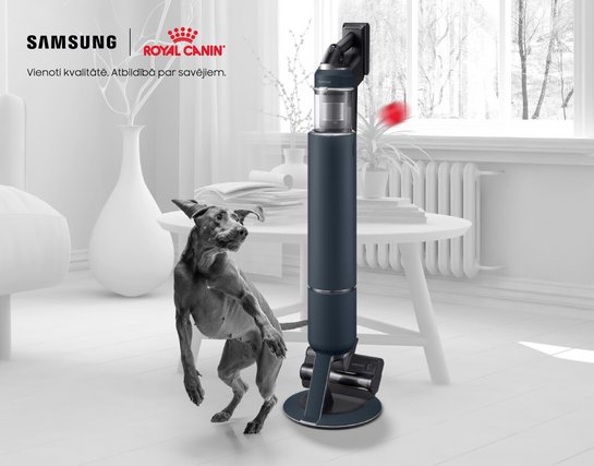 Pērc Samsung Jet™ putekļu sūcēju, reģistrē pirkumu un saņem līdz pat 60€ vērtu dāvanu no Royal Canin.