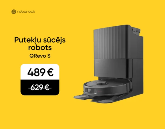Melns Roborock putekļu sūcējs robots QRevo S, akcijas cena 489 eur, svītrotā cena 629 eur.