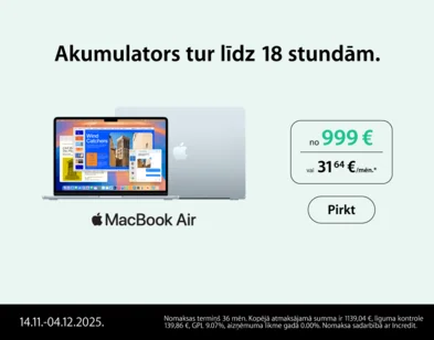 Akumulators tur līdz 18 stundām. Divi pelēki Apple MacBook Air portatīvie datori, viens atvērts un uz ekrāna dažādas bildes, otrs no mugurpuses un ir redzams tikai datora vāks ar Apple logo. Cena no 999 eur vai 31,64 eur/ mēn. Pirkt.