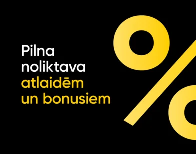 Pilna noliktava atlaidēm un bonusiem. Labajā pusē liela dzeltena procentu zīme. Fons melns.