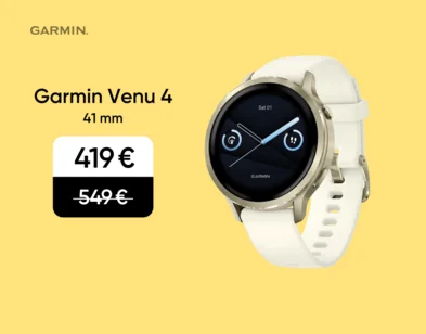 Bēšas krāsas viedpulkstenis Garmin Venu 5 41mm. Akcijas cena 479 eur, svītrotā cena 549 eur. Attēla fons dzeltenā krāsā.