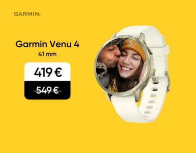 Bēšas krāsas viedpulkstenis Garmin Venu 5 41mm. Akcijas cena 479 eur, svītrotā cena 549 eur. Attēla fons dzeltenā krāsā.