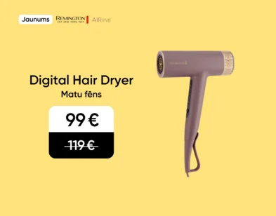 Violets Remington AIRvive Digital Hair Dryer EC8930 matu fēns. Akcijas cena 99 eur, svītrotā cena 119 eur. Reklāmas fons dzeltens ar divām gaišākām sirsniņām.