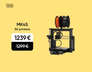 Pelēks Bambu Lab A1 3D printeris. Akcijas cena 279 eur, svītrotā cena 326 eur. Reklāmas fons dzeltenā krāsā.