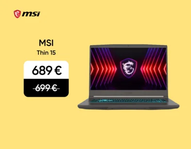 Melns MSI Thin 15 portatīvais dators ar uzrakstu "WE LOVE GAMING" uz ekrāna. Akcijas cena 689 eur, svītrotā cena 699 eur. Attēla fons dzletenā krāsā.