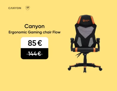 Melns ar oranžām svītrām Canyon Ergonomic Gaming chair Flow MCH01 datorkrēsls. Akcijas cena 85 eur, svītrotā cena 144 eur. Reklāmas fons dzeltenā krāsā.
