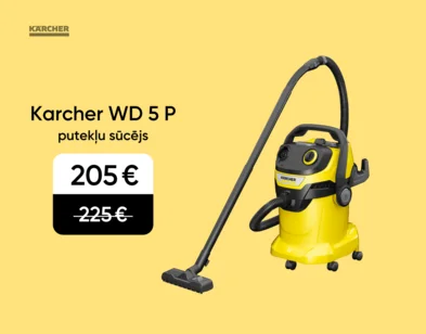 Balts Karcher putekļu sūcējs/slota "trīs vienā" FCV ar aksesuāriem. Akcijas cena 339 eur, svītrotā cena 419 eur. Fons gaiši dzeltenes ar tumšāk dzeltenu % zīmi.