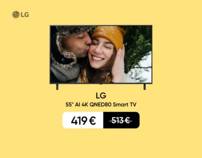 LG 55" AI 4K QNED80 Smart TV reklāmas attēls ar ziemas tematikas fotogrāfiju ekrānā un norādītu akcijas cenu — 419 € samazināta no 513 €. Fons dzeltens ar gaišāku sirsniņu pie televizora.