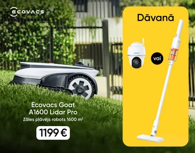 Ecovacs Goat A1600 Lidar Pro zāles pļāvēja robota reklāmas attēls āra vidē, ierīcei braucot pa zālienu ar kokiem un krūmiem fonā, pļaušanas platība 1600 2m, cena 1299 €.