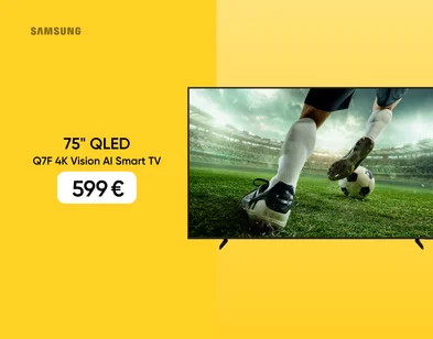 Samsung 75 collu QLED Q7F 4K Vision AI Smart TV reklāma; labajā pusē plāna dizaina televizors ar hokeja spēles kadru ekrānā, kur spēlētāji uz ledus; kreisajā pusē Samsung logo, produkta nosaukums un akcijas cena 599 €.