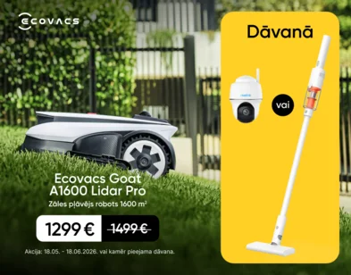 Ecovacs Goat A1600 Lidar Pro zāles pļāvēja robota reklāmas attēls āra vidē, ierīcei braucot pa zālienu ar kokiem un krūmiem fonā, pļaušanas platība 1600 2m, cena 1299 €.