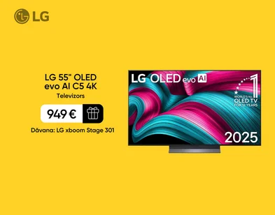 LG 55 collu UHD OLED evo AI Smart TV reklāma; kreisajā pusē LG logotips un teksts "LG 55" UHD OLED evo AI Smart TV. Televizors", zemāk cena 949 € ar dāvanas ikonu un tekstu "Dāvana: LG xboom Stage 301"; labajā pusē plāna dizaina LG OLED televizors.