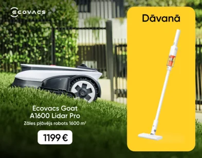 Ecovacs Goat A1600 Lidar Pro zāles pļāvēja robota reklāmas attēls āra vidē, ierīcei braucot pa zālienu ar kokiem un krūmiem fonā, pļaušanas platība 1600 2m, cena 1299 €.