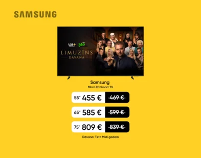 Samsung Mini LED Smart TV televizori: 55 collas — 455 € iepriekšējo 469 € vietā, 65 collas — 585 € iepriekšējo 599 € vietā, 75 collas — 809 € iepriekšējo 839 € vietā. Dāvanā Tet+ Midi gadam.