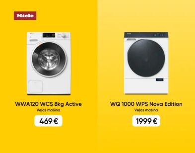 Miele veļas mašīnas: WWA120 WCS Active 8 kg par 469 € un WQ 1000 WPS Nova Edition par 1999 €.