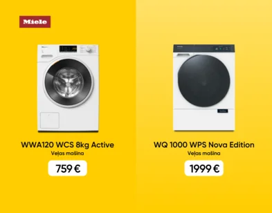 Miele veļas mašīnas: WWA120 WCS Active 8 kg par 469 € un WQ 1000 WPS Nova Edition par 1999 €.