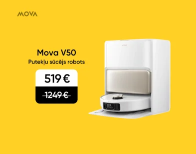 Balts Mova V50 robots putekļsūcējs ar dokstaciju. Cena — 519 € iepriekšējo 1249 € vietā.