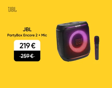 JBL PartyBox Encore 2 skaļrunis ar krāsainu apgaismojumu un mikrofonu — akcijas cena 219 €, iepriekš 259 €.