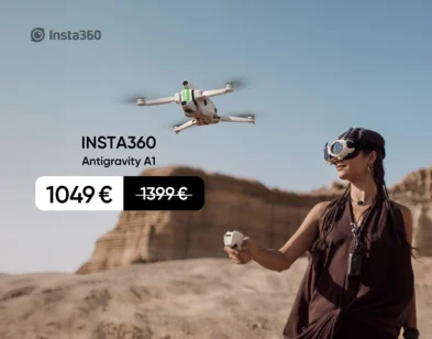 Sieviete ar vadības brillēm un kontrolieri vada Insta360 Antigravity A1 dronu. Cena — 1049 € iepriekšējo 1399 € vietā.